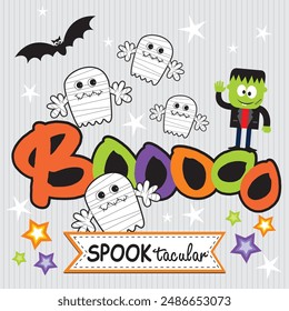 Happy Halloween card design with Boo text, ghost and frankenstein