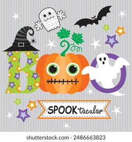 Happy Halloween card design with boo text, pumpkin and ghost