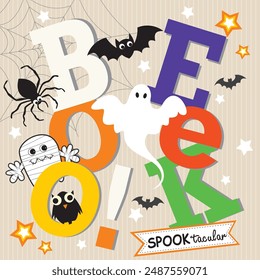 Feliz diseño de tarjeta de Halloween con libro y texto de semana