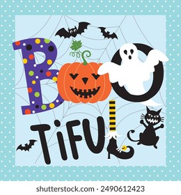 Happy Halloween card design with boo text, pumpkin, ghost and black cat