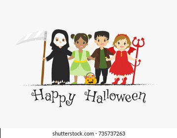 Happy Halloween card design, boys and girls wearing Halloween costumes, grim reaper, fairy, Frankenstein, and red devil cartoon vector.