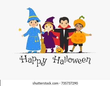 Happy Halloween card design, boys and girls wearing Halloween costumes, wizard, witch, Dracula, and pumpkin boy cartoon vector. 