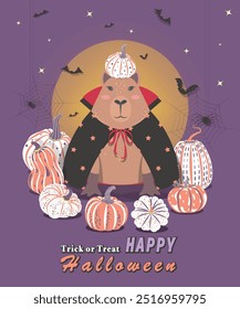 Happy Halloween card design with capybara, pumpkin, bat, spider and spider web. Cute vector cartoon card. Perfect for greeting card, banner, poster design, cover design. Trick or treat. Background.