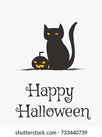 Happy Halloween card design, a cat and a halloween pumpkin silhouette cartoon vector