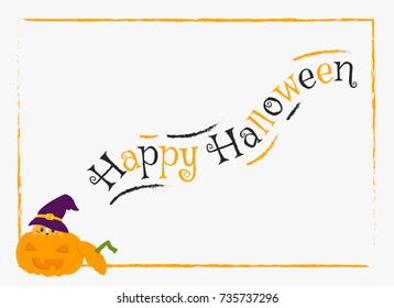 Happy Halloween card design, a cat wearing purple witch hat inside a Halloween pumpkin cartoon vector