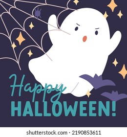 Happy Halloween Card Design With Cute Funny Evil Ghost, Web, Bats. Baby Boo Character, Spirit On Helloween Holiday Postcard Template For Childish October Party. Kids Flat Vector Illustration