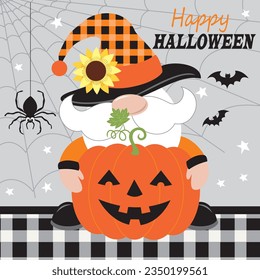 Happy halloween card design with cute gnome and pumpkin