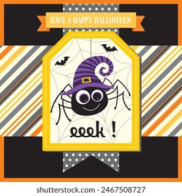 Happy Halloween card design with cute spider and witch hat