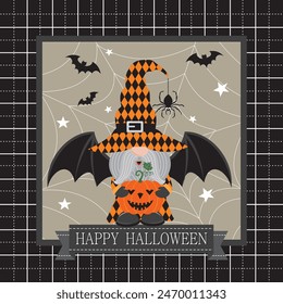 Happy Halloween card design with cute gnome, pumpkin and bats