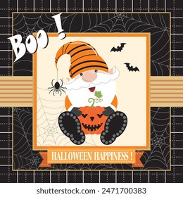 Happy Halloween card design with cute gnome and pumpkin