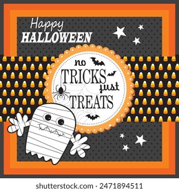 Happy Halloween card design with cute mummy and lettering