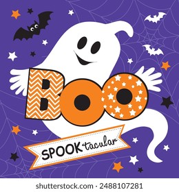 Happy Halloween card design with cute ghost and boo text