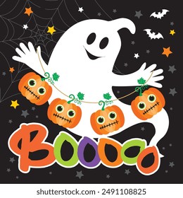 Feliz diseño de tarjeta de Halloween con fantasmas lindos y calabazas