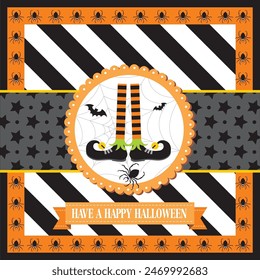 Happy Halloween card design with elfish boots, spider and bat