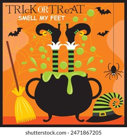 Happy Halloween card design with elfish boots on the pan