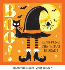 Happy Halloween card design with elfish boots and witch hat