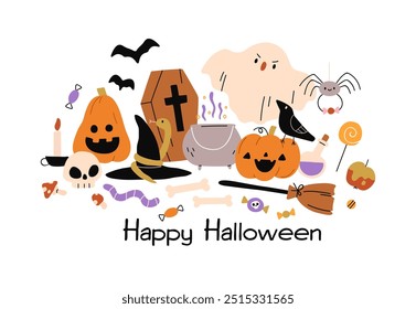 Feliz desenho de cartão de Halloween com personagens assustadores engraçados. Abóbora bonita, fantasma, cartão postal de Helloween festivo. Férias de outono de outubro, Truque ou Tração. Ilustração de vetor plano isolada no plano de fundo branco