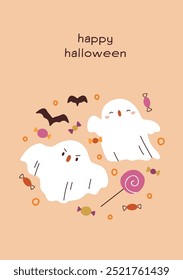 Happy Halloween card design. Funny creepy ghosts, festive spooks. October holiday postcard, kawaii adorable boo characters, candies. Festive Trick or Treat poster. Childish flat vector illustration