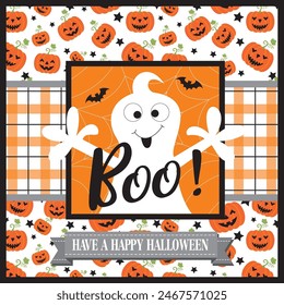 Happy Halloween card design with ghost and pumpkins pattern