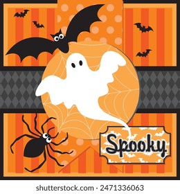 Happy Halloween card design with ghost, bats and spider