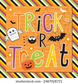 Happy Halloween card design with ghost, bat, pumpkin, trick and treat 