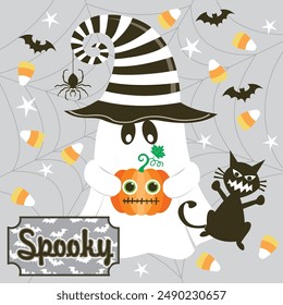 Happy Halloween card design with ghost, pumpkin and black cat