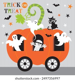 Happy Halloween card design with ghost on pumpkin car