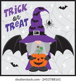 Happy halloween card design with gnome, pumpkin and bat