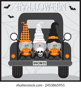 Happy halloween card design with gnomes on the car