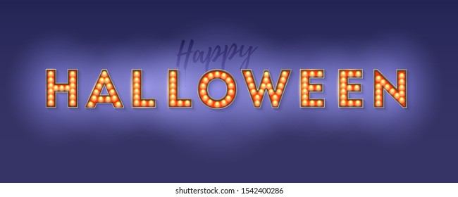 Happy Halloween card. Design of lettering, postcard with decorative typography. Festive banner with lighting bulbs, confetti and hanging flag garlands. Vector 3d illustration for invitation