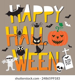 Happy Halloween card design with lettering, pumpkin, bat, cat, owl and mummy