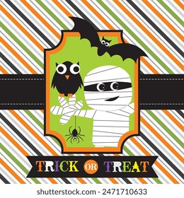 Happy Halloween card design with mummy, owl and bat