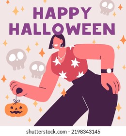 Feliz diseño de tarjetas de Halloween. Pasaje de postales de octubre de vacaciones con mujer adulta, calabaza Helloween y calaveras para noche espeluznante. Plantilla de publicación de trucos o tratados. Ilustración vectorial plana de color