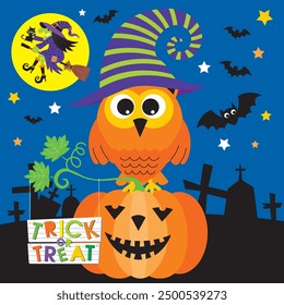 Happy Halloween card design with owl on pumpkin
