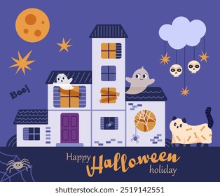 Happy Halloween card design. Halloween party background with cute house with ghost characters, cat in ghost costume, spider web, skulls for creepy spooky funny october holiday. Kids color flat vector