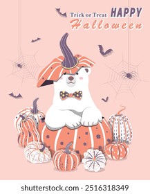Happy Halloween card design with polar bear, pumpkin, bat, spider and spider web. Cute vector cartoon card. Perfect for greeting card, banner, poster design, cover design. Trick or treat. Background.