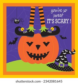 Happy halloween card design with pumpkin and elf legs
