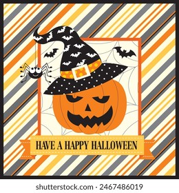 Happy Halloween card design with pumpkin and witch hat