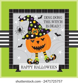 Happy Halloween card design with pumpkin, witch hat and elfish boots