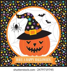 Feliz diseño de tarjeta de Halloween con calabaza, sombrero de bruja y araña