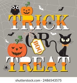 Happy Halloween card design with pumpkin, black cat, owl and trick or treat lettering