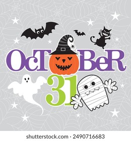 Happy Halloween card design with pumpkin, ghost and 31 October