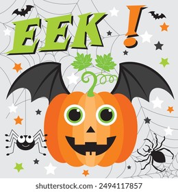 Happy Halloween card design with pumpkin and bat wings