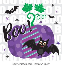 Happy Halloween card design with pumpkin and bats