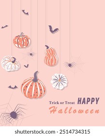 Feliz design de cartão de Halloween com abóbora, morcego, aranha, teia de aranha. Cartão de desenho animado de vetor bonito. Perfeito para cartão de saudação, banner, design de cartaz, design de tampa. Truque ou deleite. Fundo rosa.