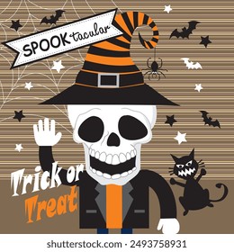 Happy Halloween card design with skull and witch hat