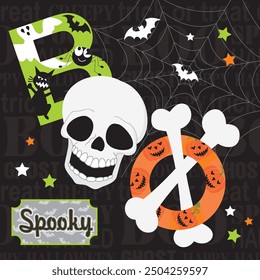 Happy Halloween card design with skull, skeleton and boo text