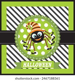 Happy Halloween card design with spider and stripes