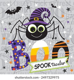 Happy Halloween card design with spider and boo text