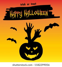 Happy halloween card. Design template, with pumpkin, bats, castle,candy and other elements.Vector illustration. Orange backdrop with flying bats.